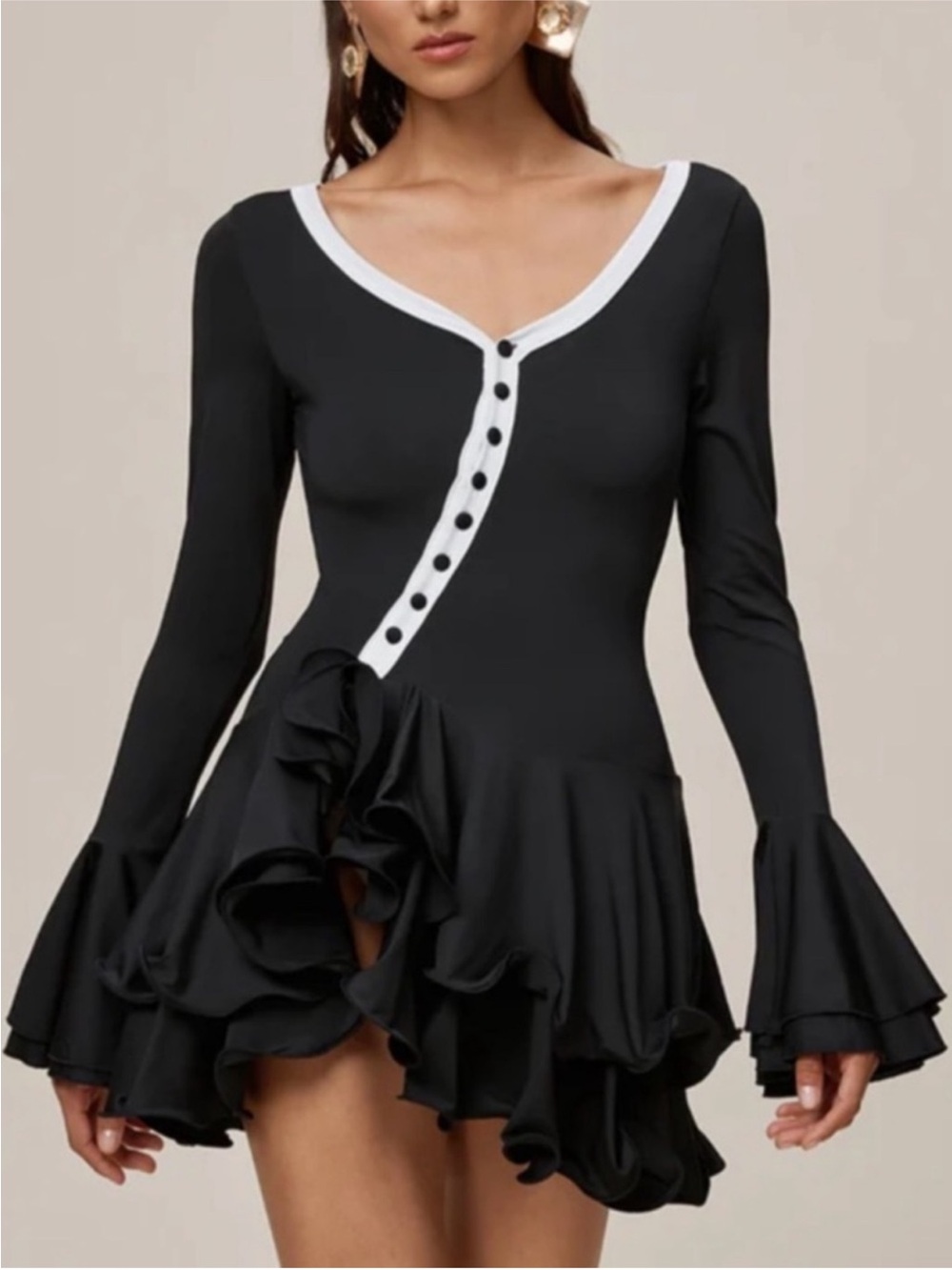 Black Ruffle mini Dress with White Trim